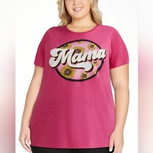 XXL• Celebrate • Retro Mama Pink Short Sleeve Graphic Tee with Golden Sunflowers